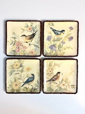 Susan Winget Somerset Song Bird / Flower Plates - Set of 4 - Ceramic Square